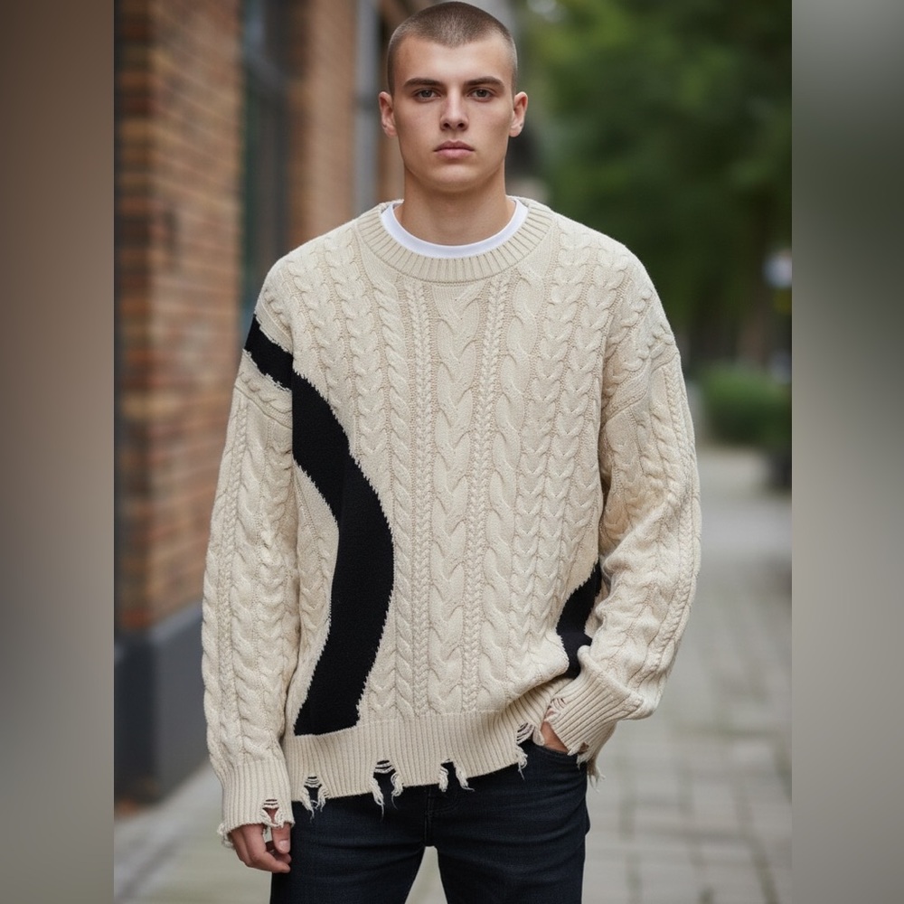Zara Cream Cable Knit Sweater with Black Accents
